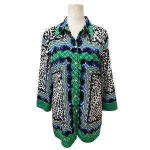 Allison Daley animal print and green button front blouse size 8